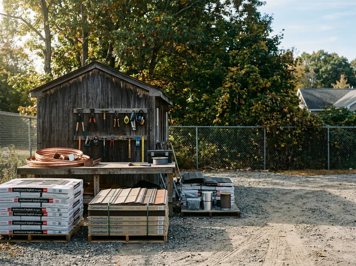 Construction tools and materials on a work site, representing the roofing and siding trade.