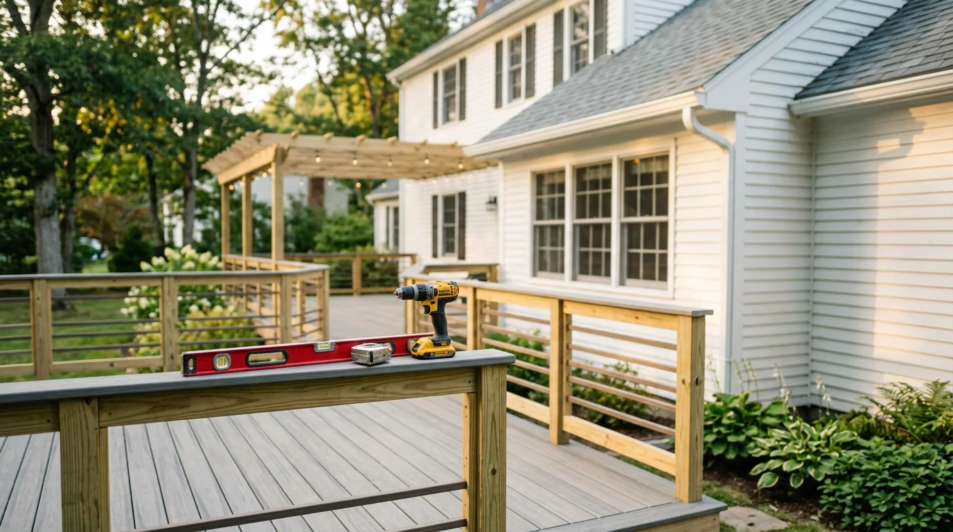 Custom wooden deck built on residential home