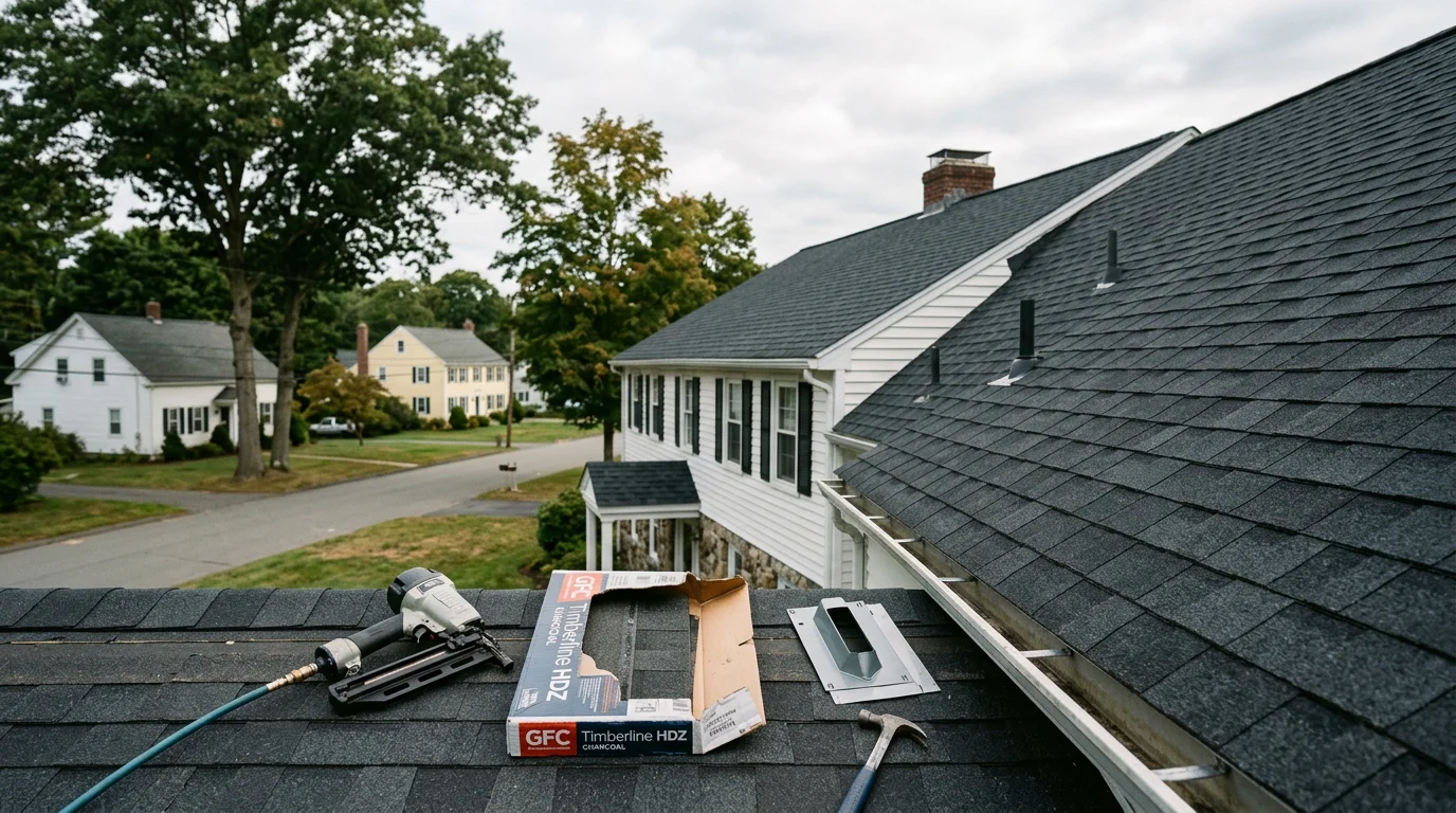 Professional roofer installing asphalt shingles on residential home