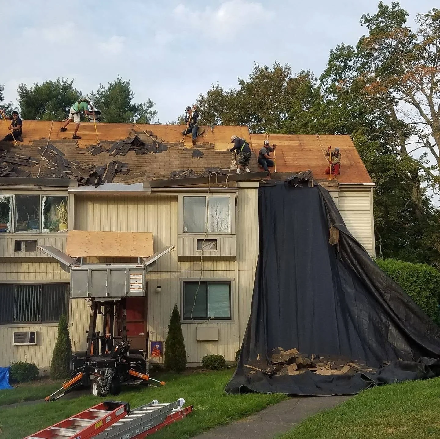 Roof replacement in progress with workers installing new shingles and plywood decking on residential home
