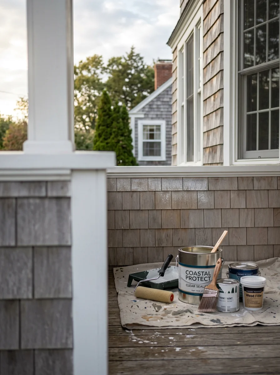 Professional applying durable finish to coastal home exterior, demonstrating weather-resistant maintenance for East Lyme properties.