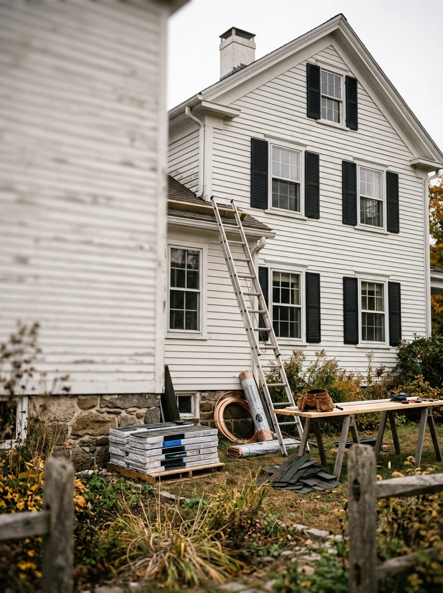 Skilled tradesperson performing work on rural home exterior, demonstrating quality craftsmanship for Griswold properties.