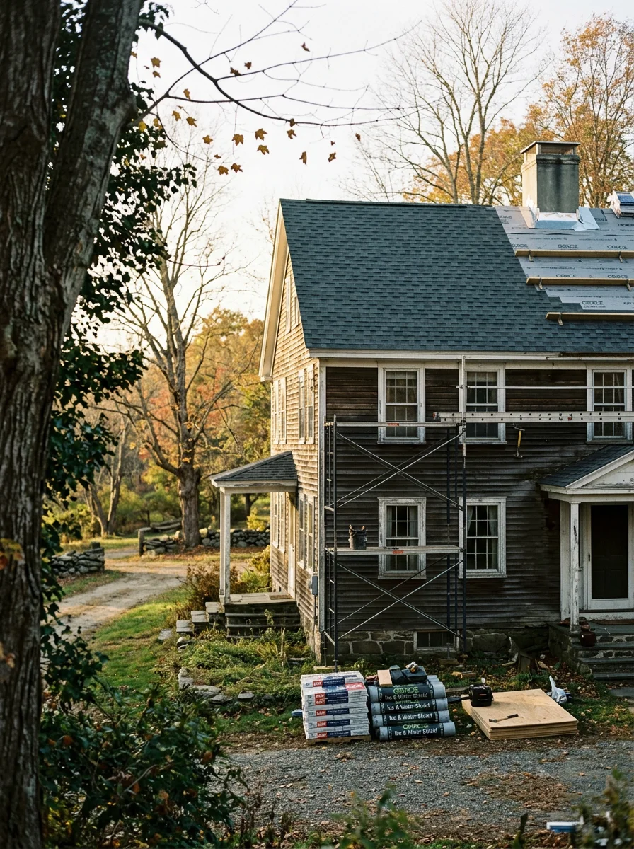 Tradesperson working on home exterior in natural setting, demonstrating skilled care for rural Connecticut properties.