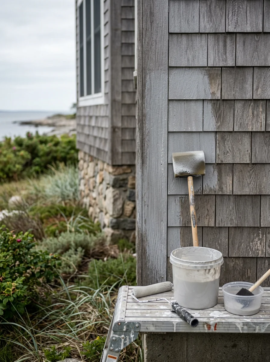 Tradesperson applying protective coating to coastal home exterior, demonstrating salt-resistant maintenance techniques.