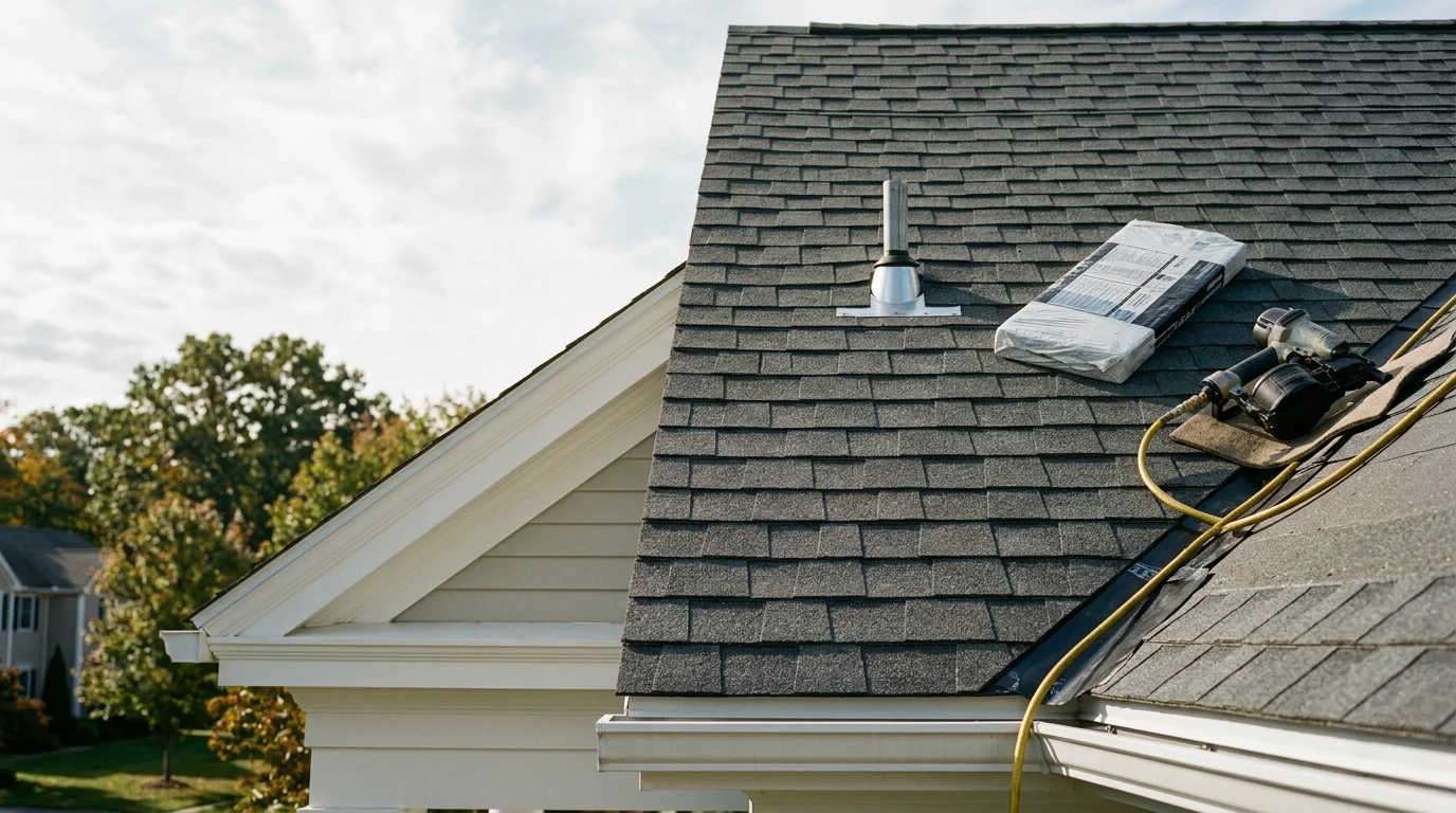 Freshly installed asphalt shingles on a single-family home in New London County, CT, with clean ridge lines and new flashing visible at the roof edges. The completed roof shows uniform shingle alignment across a pitched roofline typical of the county's residential housing stock.