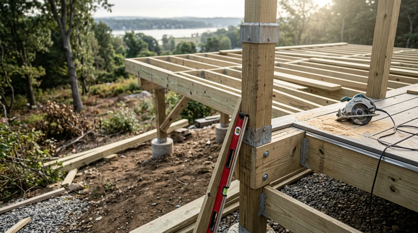 A newly constructed wood-framed deck attached to a residential home in New London County, Connecticut, with code-compliant railings and stairs visible against a coastal New England backdrop. The deck extends the home's usable outdoor space over a graded backyard typical of the region.
