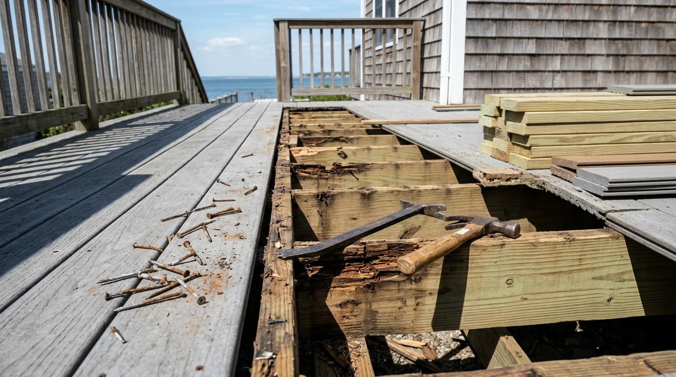 A repaired residential deck in New London County, CT, showing replaced deck boards, reinforced railings, and updated hardware on a single-family home. The deck structure is visibly sound with no warping, rot, or loose components.