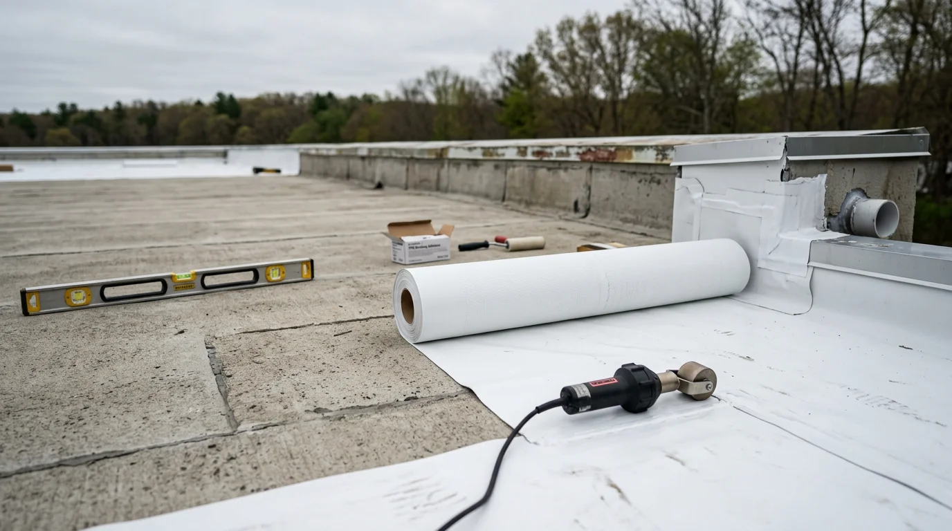 A completed flat roof installation on a residential property in New London County, CT, showing a smooth, fully sealed membrane surface with clean flashing along the edges and rooftop drainage points. The surrounding landscape reflects the coastal Connecticut setting typical of properties in the region.