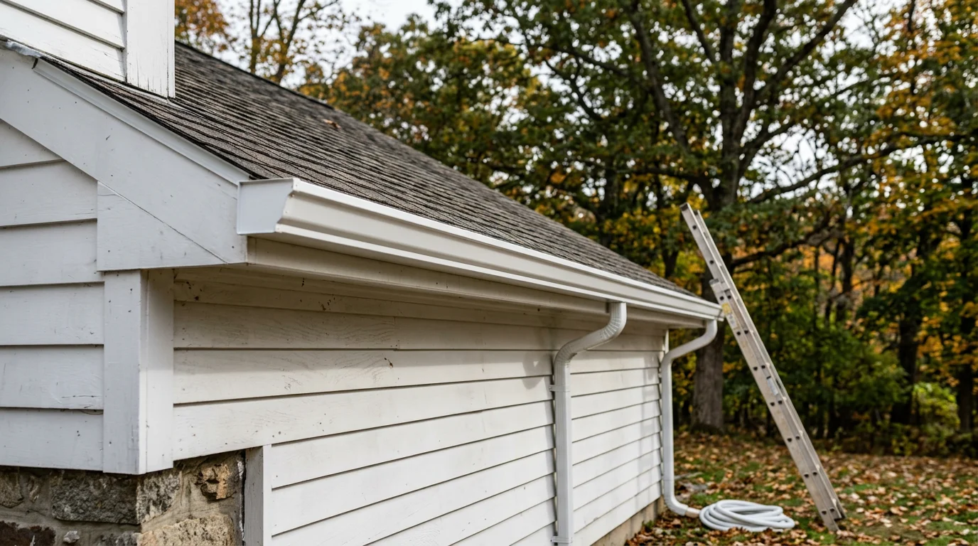 Newly installed gutters running along the roofline of a two-story residential home in New London County, CT. Downspouts extend to ground level with water directed away from the home's foundation.