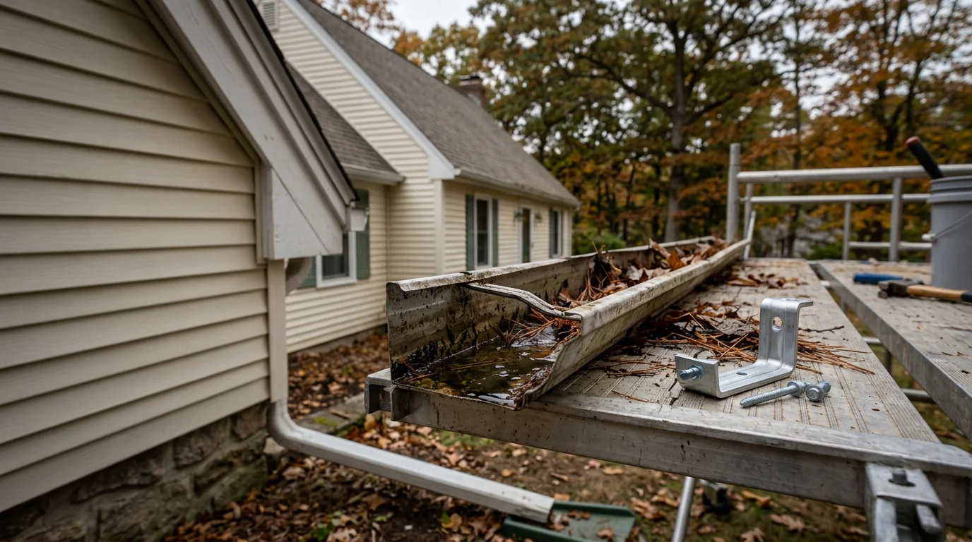 A repaired residential gutter system on a two-story home in New London County, CT, with resealed joints and resecured hangers along a clean roofline. Downspouts extend away from the foundation on a property surrounded by mature trees.