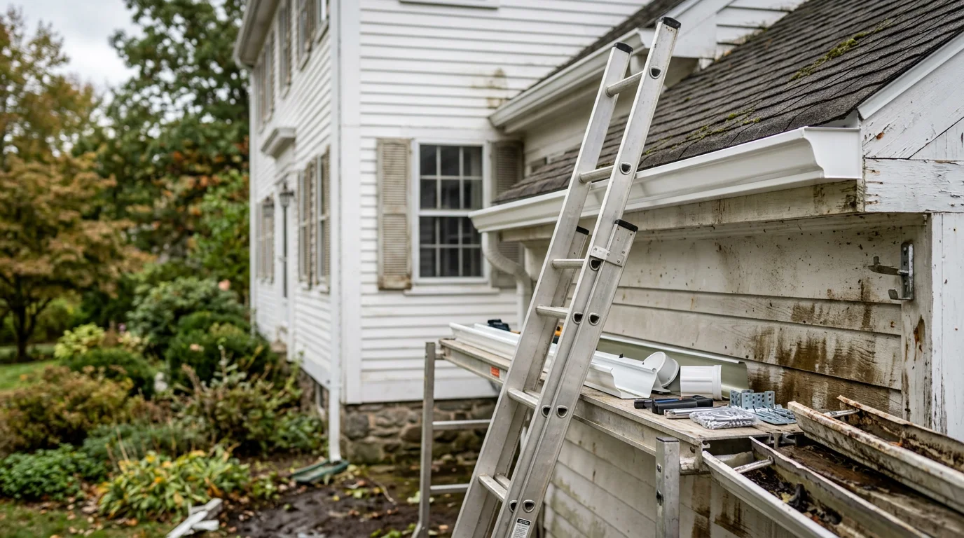 Newly installed gutters running along the roofline of a two-story home in New London County, CT, with downspouts directed away from the foundation. Close view shows clean fascia attachment and properly pitched gutter sections replacing a failed system.