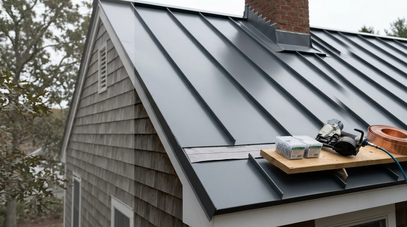A completed standing seam metal roof installation on a residential home in New London County, Connecticut. The roof panels run vertically from ridge to eave, showing clean seam lines and properly installed flashing along the edges.