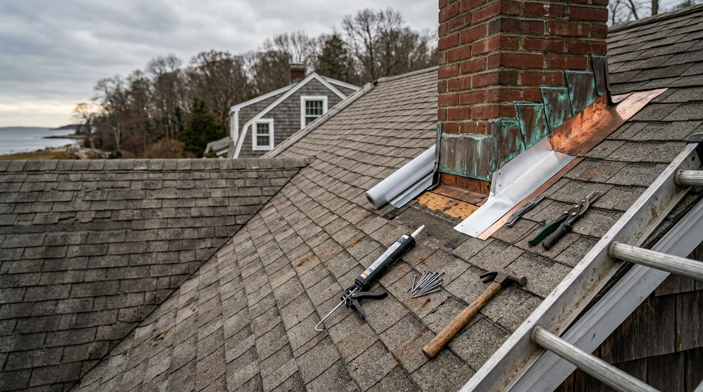 A roofing contractor from Build & Roof Company LLC repairing damaged flashing and shingles on a residential roof in New London County, CT. The repaired roof section shows fresh materials secured against coastal Connecticut weather conditions.