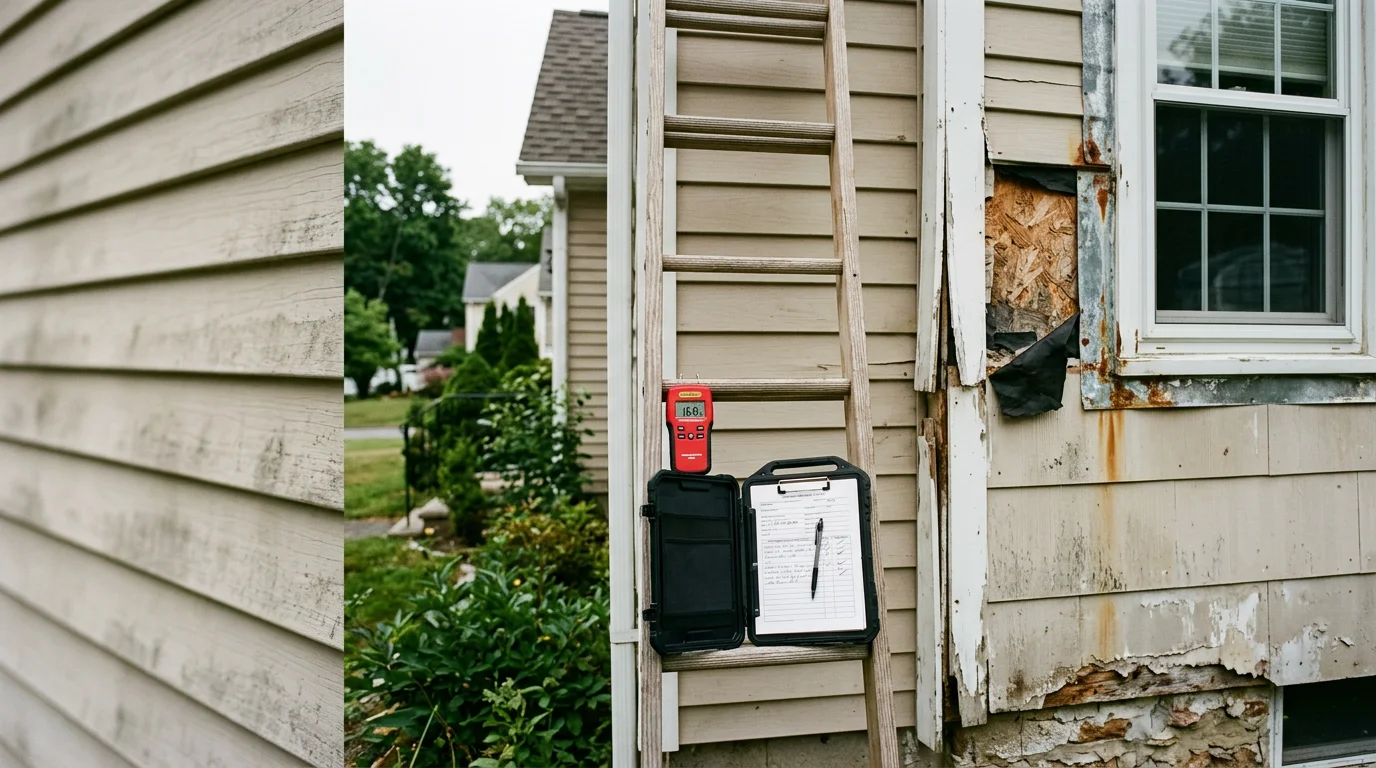 A Build & Roof Company LLC contractor performing a close-up siding inspection on a residential home in New London County, CT, checking panel seams and flashing near a window for moisture damage and wear.