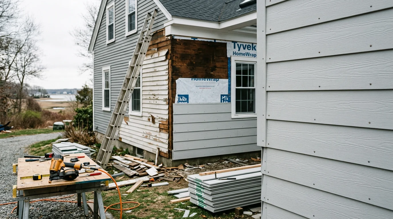 Newly installed siding on a two-story residential home in New London County, CT, with clean panel lines and finished trim around windows. The exterior shows a complete installation on a colonial-style home typical of the area's older housing stock.