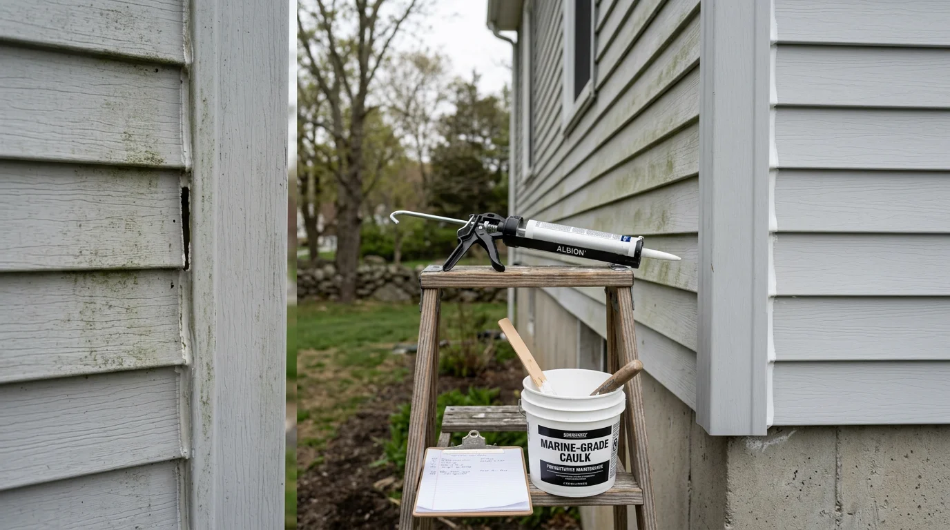 A siding contractor inspecting and resealing exterior panels on a residential home in New London County, CT. Close-up view shows caulk work along panel seams on a coastal-area property.