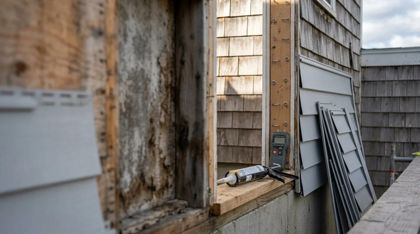 A repaired section of exterior siding on a residential home in New London County, CT, showing flush, weather-tight panels with no visible gaps or warping. The surrounding siding reflects typical coastal Connecticut home construction with a clean, uniform finish.