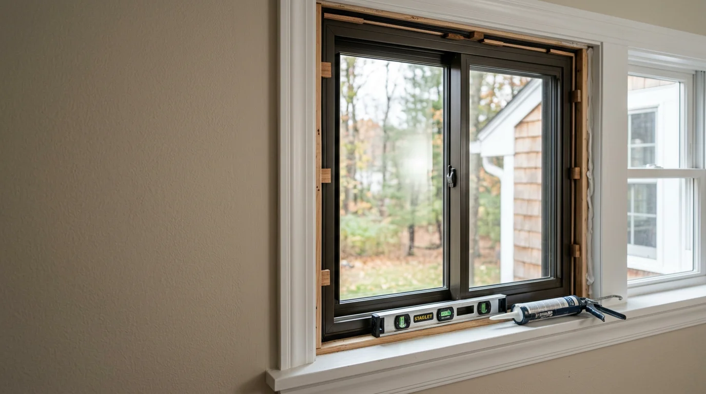 A newly installed sliding window on the exterior of a residential home in New London County, Connecticut, with a clean frame seal and clear glass panels. The horizontal sash is partially open, showing the track system against a coastal New England home exterior.