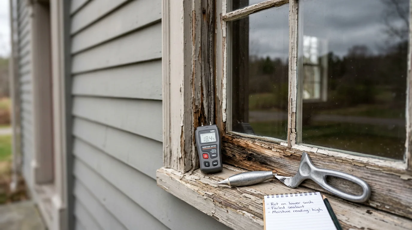 A window contractor from Build & Roof Company LLC inspecting the frame, sill, and seal of a residential window on a home in New London County, CT. Close-up view shows the exterior caulking and flashing being examined for signs of water damage and seal failure.