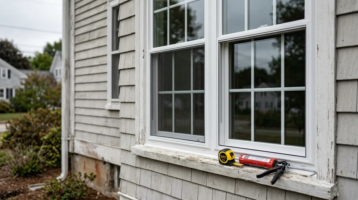 A newly installed double-pane window on the exterior of an older single-family home in New London County, CT, with clean framing and tight weatherproof sealing visible around the edges. The home's traditional New England architecture is visible in the background.