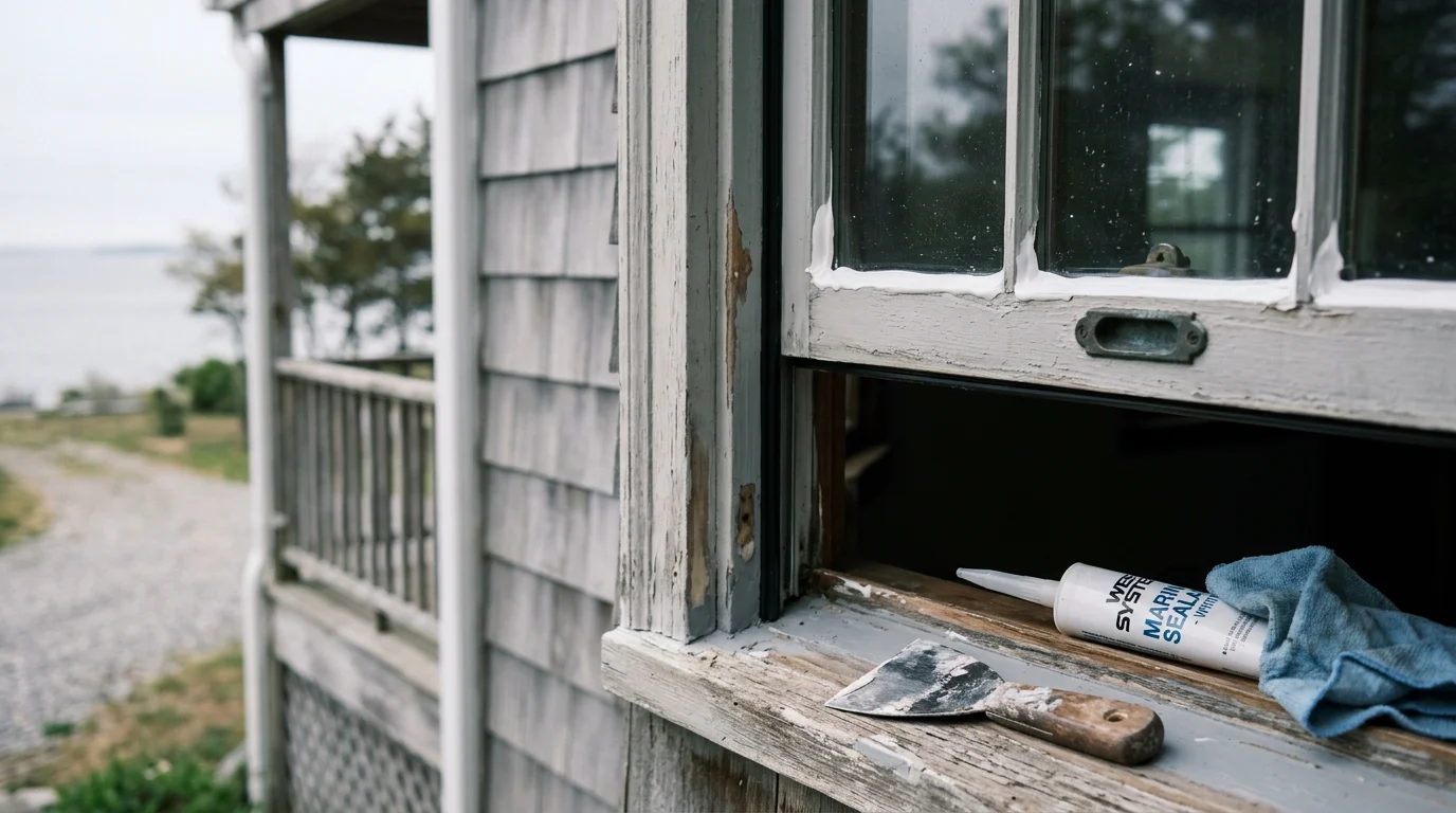 A window contractor repairing a weathered double-hung window frame on an older single-family home in New London County, CT. The repaired window shows a clean seal and restored sash against a coastal New England exterior.
