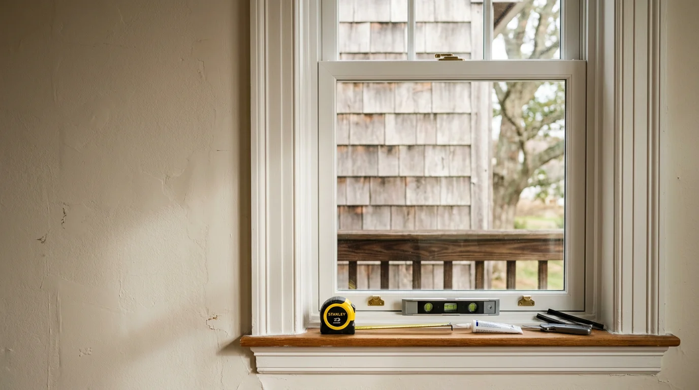 A newly installed replacement window on the exterior of a wood-frame home in New London County, CT, with clean siding integration and a tight frame seal visible at the edges. The window is fully squared and weather-sealed, set against a typical Connecticut residential streetscape.