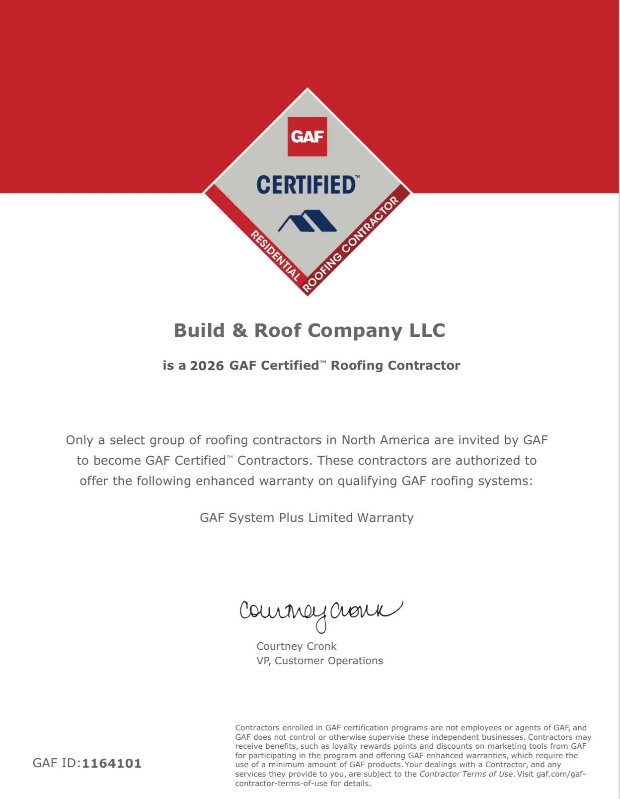 GAF Certified Residential Roofing Contractor Certificate – Build & Roof Company LLC, GAF ID 1164101